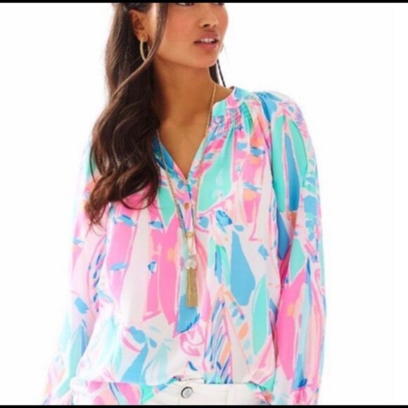 Lilly Pulitzer Elsa Silk long sleeve top Out to See Sailboat XS luxury style - Picture 1 of 8